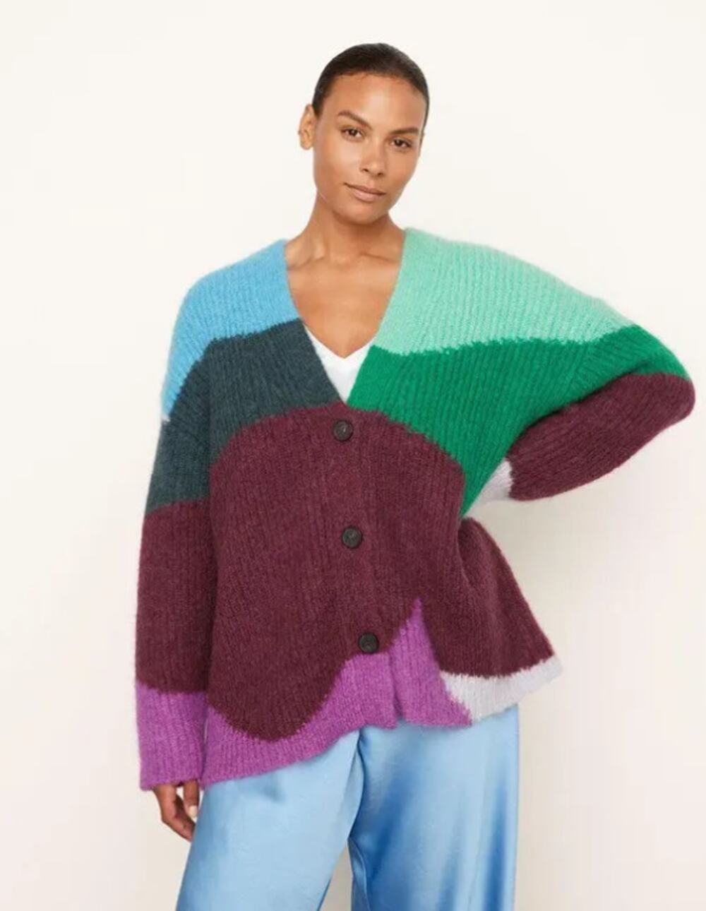 NWOT Vince Green Purple Mohair Alpaca Intarsia Wave Cardigan Sweater XS / Small